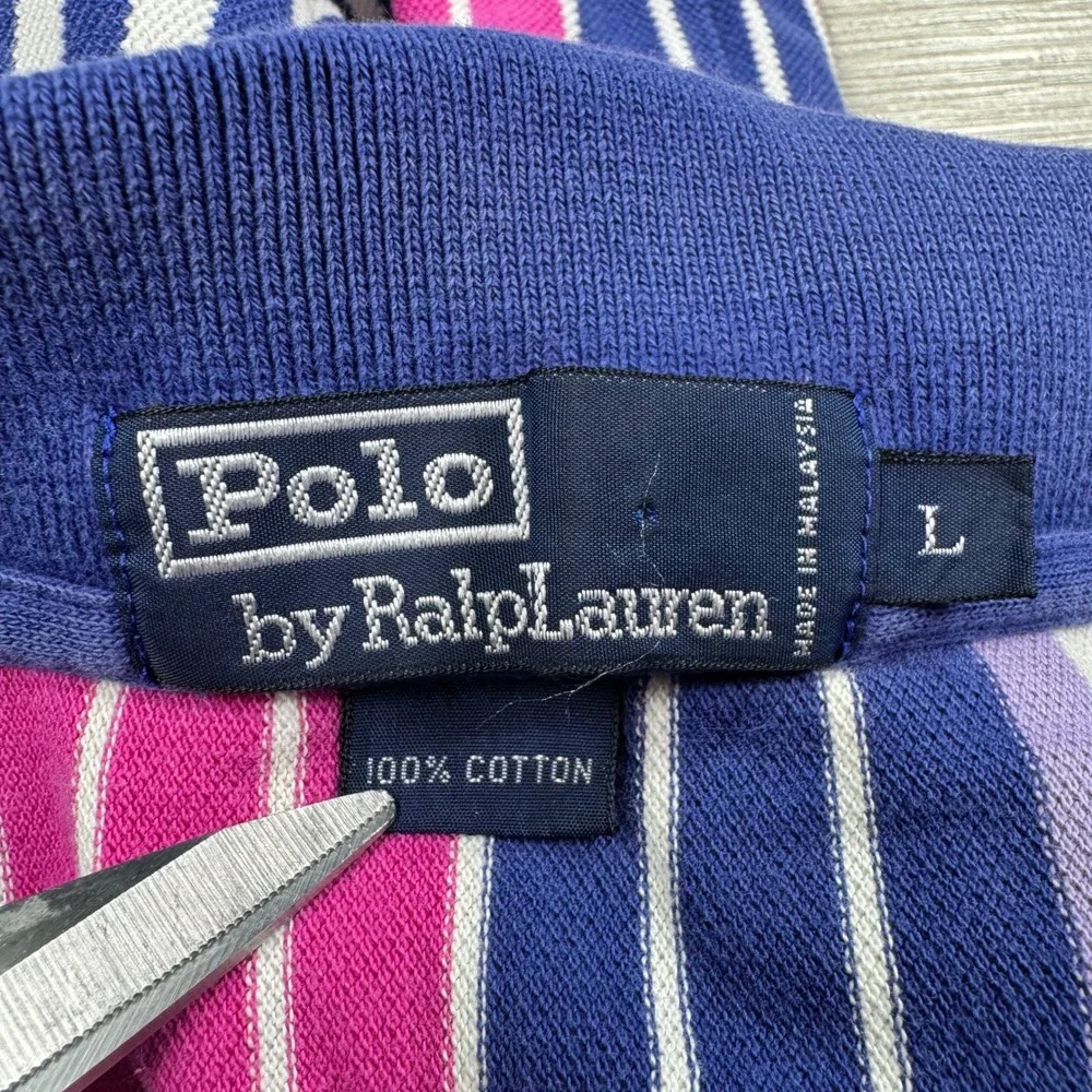 Polo Ralph Lauren Mens Polo Shirt Large Vertical Stripe Blue Pink Cotton Large